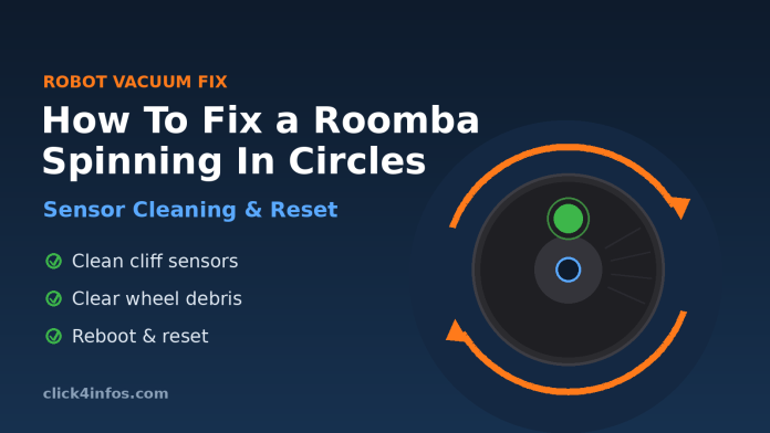 Roomba robot vacuum spinning in circles on a wood floor with sensor-cleaning and reset icons