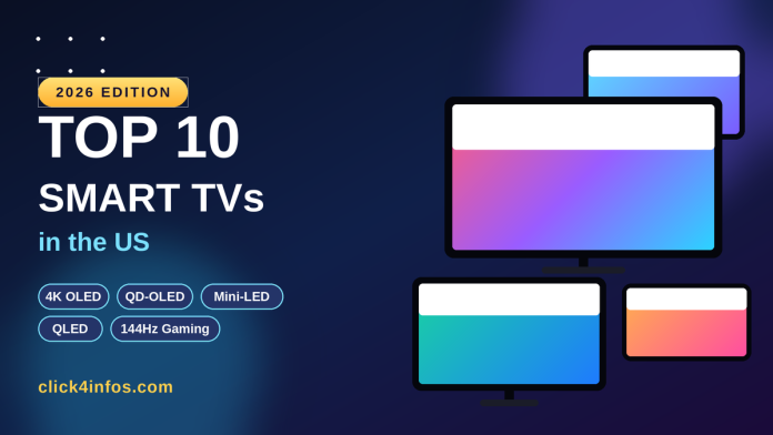 Top 10 Smart TVs in the US 2026 collage featuring 4K OLED, QLED and Mini-LED smart TVs